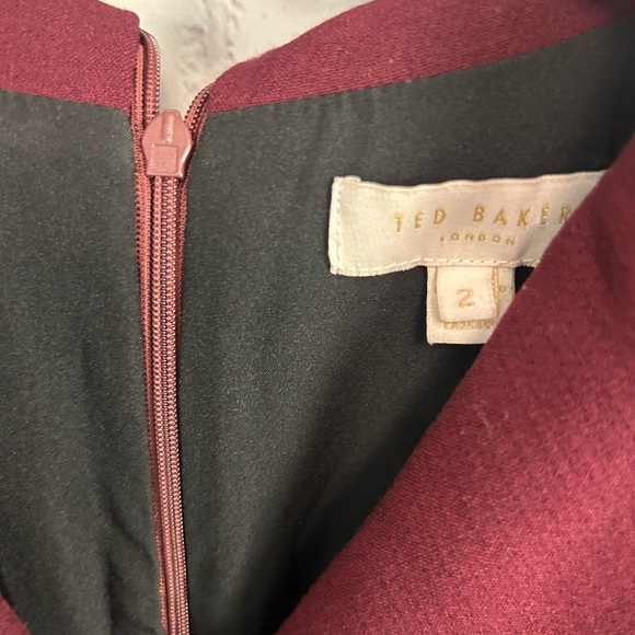 Ted Baker London Stunning maroon midi dress sheer sleeves pleated size "2" US 6 - Picture 6 of 14